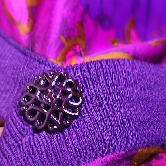 St. John Collection Satin and Knit Cardigan Top in Purple Abstract - Picture 7 of 14